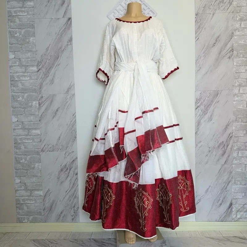 Ethiopia and Eritrean Traditional Dress - White and Red with Gold Embroidery - Authentic Cultural Attire