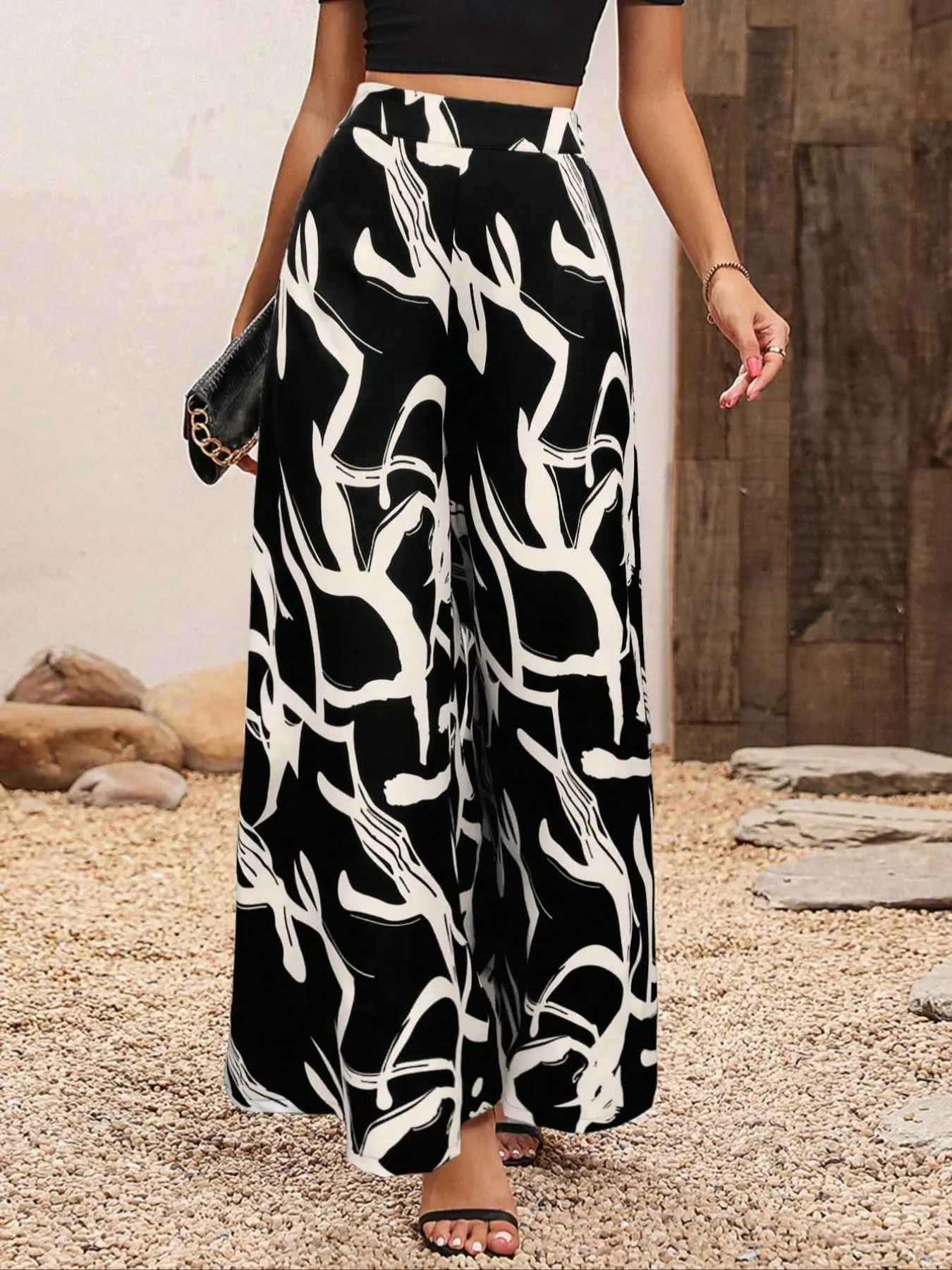 Women's Colorblock Print High Waist Wide Leg Casual High Waisted Streetwear Pants, Elegant Fashion for Daily Outdoor Wear, Women's Bottoms for Spring & Fall