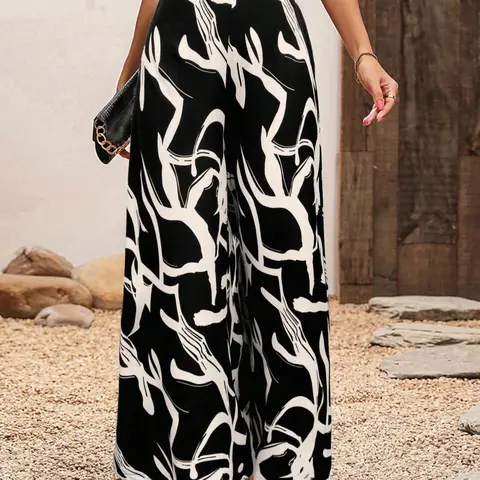 Women's Colorblock Print High Waist Wide Leg Casual High Waisted Streetwear Pants, Elegant Fashion for Daily Outdoor Wear, Women's Bottoms for Spring & Fall