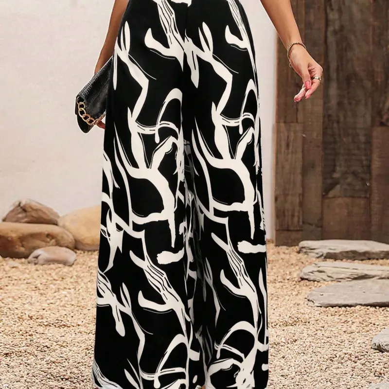 Women's Colorblock Print High Waist Wide Leg Casual High Waisted Streetwear Pants, Elegant Fashion for Daily Outdoor Wear, Women's Bottoms for Spring & Fall