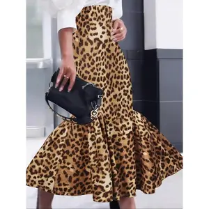 Plus Size Women’s Leopard Print Knit Dress, Casual High-Waist Slim Fit, Mermaid Midi Skirt, Party Wear, Comfortable Stretch Fabric