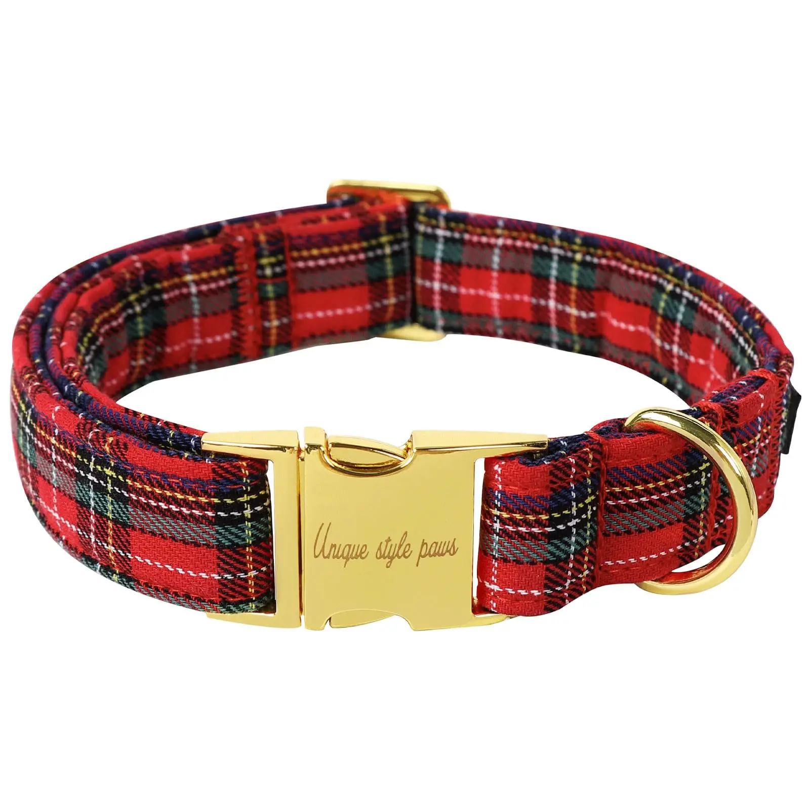 Premium Plaid Print Paws Dog Collar | Scottish Red Black Metal Buckle | Durable Nylon Puppy Collar for Small Medium Large Dogs | Christmas Gift for Boys & Girls