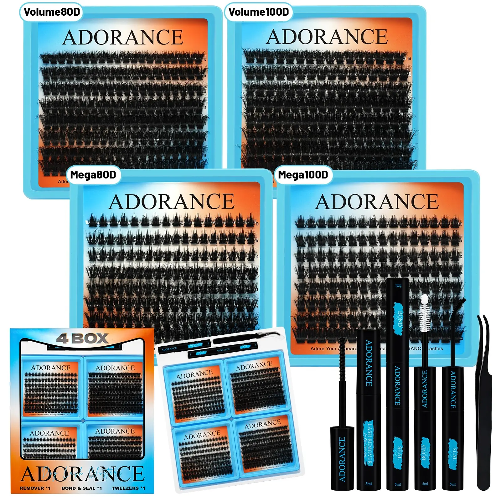 ADORANCE Lash Clusters Kit, Cosmetic, Lashes Extension Set, 550 PCS, 4 Styles (Volume/Mega 80D/100D) Individual Lash Extensions Kit with Lash Bond and Seal, Lash Glue Remover & Eyelash Tweezers, Perfect for Daily Makeup, Weddings & Home DIY Use