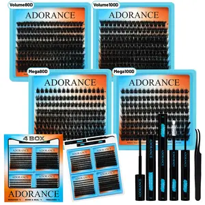 ADORANCE Lash Clusters Kit, Cosmetic, 550 PCS, 4 Styles (Volume/Mega 80D/100D) Individual Lash Extensions Kit with Lash Bond and Seal, Lash Glue Remover & Eyelash Tweezers, Perfect for Daily Makeup, Weddings & Home DIY Use