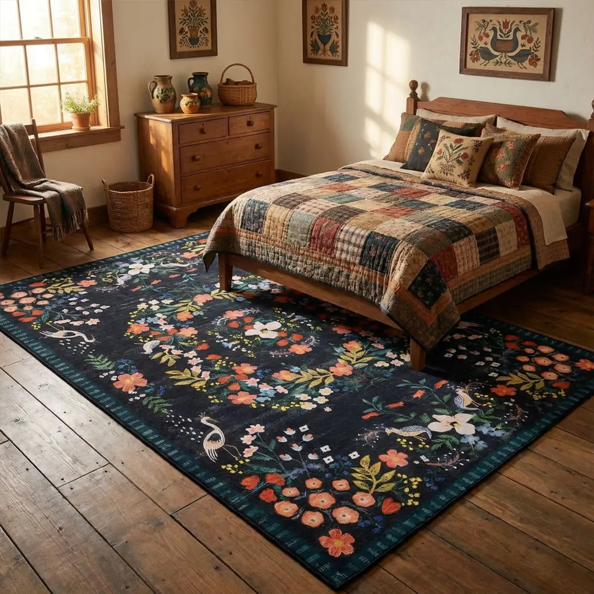 Vintage Floral Area Rug, Decorative Area Rug - Boho Living Room Carpet, Soft comfortable rug, Non-slip area rug, Easy to clean machine washable, Suitable for living room, bedroom, kitchen, room decor