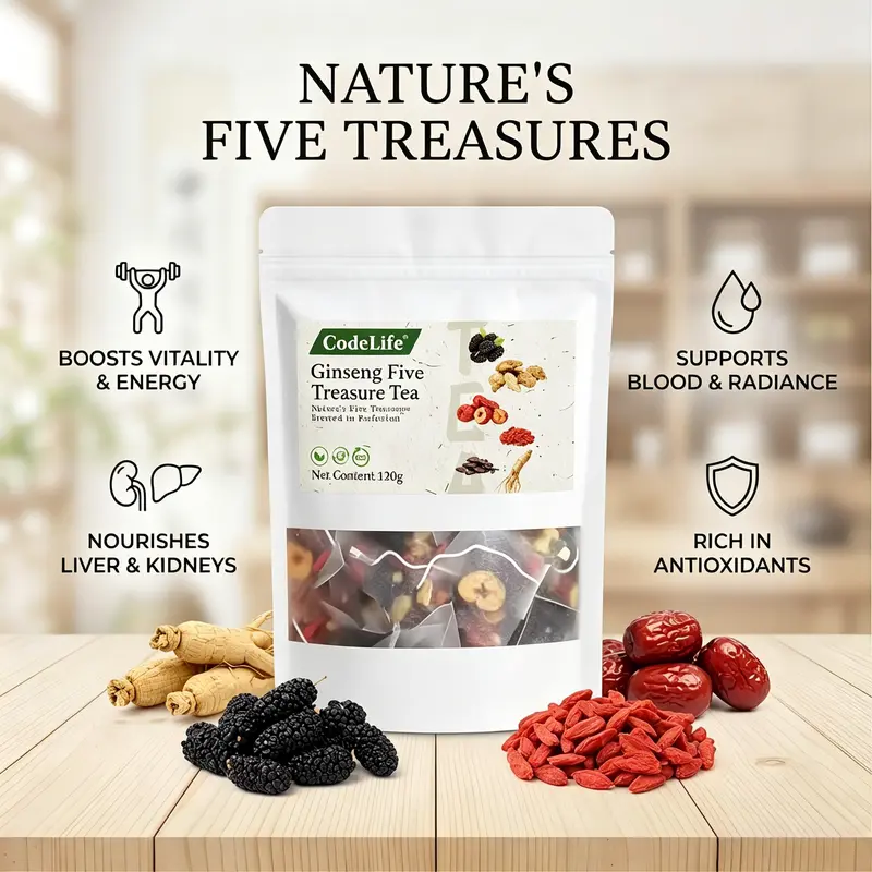 Amber Ginseng Five Treasures Tea in glass cup