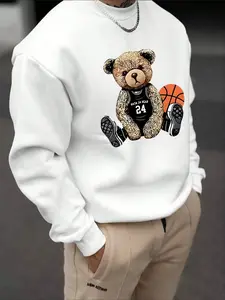 Men's Sweatshirt College Style Casual Bear Print Sweatshirt Vintage Round Neck Pattern Long Sleeve Pullover Gift for Friends Husband Boyfriend