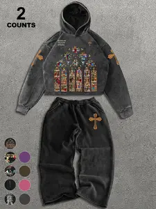 Vintage Acid Wash Stained Glass Graphic Print Hoodie and Oversized Sweatpants 2-Piece Set | Y2K Grunge Streetwear Co-ord for Men & Women | High-Quality Heavyweight Religious Art Tracksuit for Daily Street Style