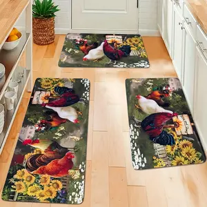 3pcs Set Farmhouse Chicken Flock Flannel Area Rugs, Non-Slip Absorbent Carpet for Bedroom, Living Room, Kitchen, Laundry, Bathroom Entrance, Machine Washable, Polyester