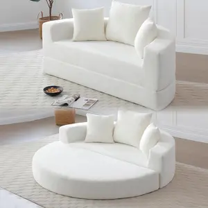 Round Boneless Couch, Corduroy Upholstered Folding Convertible Sofa Bed with Pillows, 2-in-1 Futon Sofa Bed with Half-Circle Design, Comfy Loveseat for Living Room, Apartment (Beige)