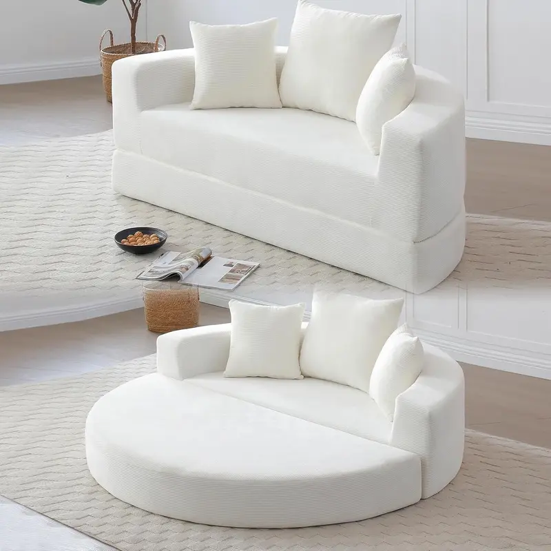 Round Boneless Couch, Corduroy Upholstered Folding Convertible Sofa Bed with Pillows, 2-in-1 Futon Sofa Bed with Half-Circle Design, Comfy Loveseat for Living Room, Apartment (Beige)