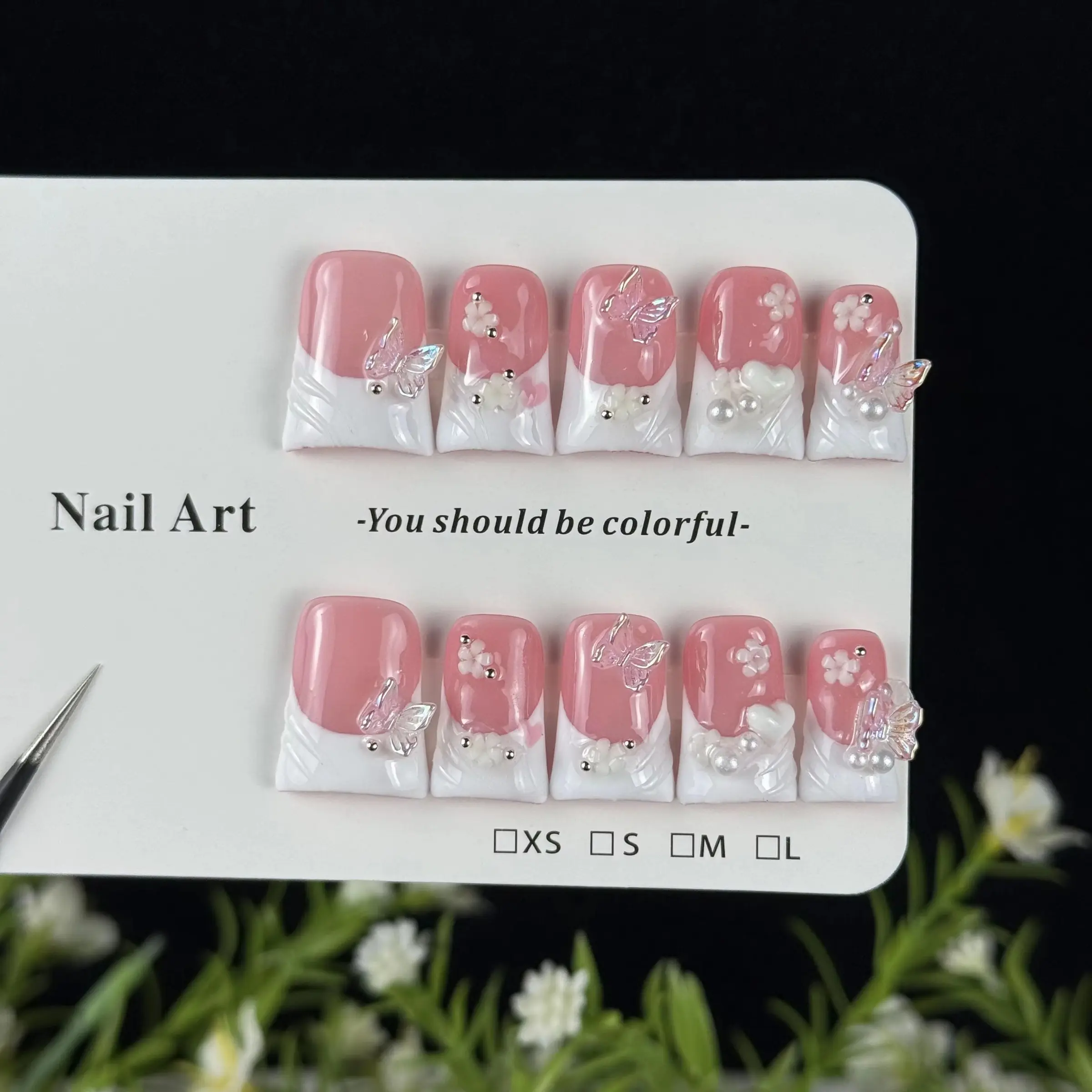 10pcs high-end Resin Nail Diamond Pink girl style, hand-painted carved, three-dimensional butterfly, heart, fine sparkling dot diamond Handmade Press On Nail Set handmade fake Salon Quality Nails