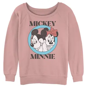 Junior's Mickey & Friends Distressed Mickey and Minnie Circle Logo Sweatshirt