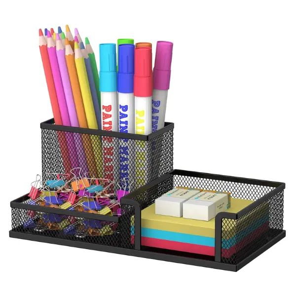 Pen Holder Desk Organizer, Office Supplies Pencil Holder with 3 Compartments, Desk Accessories and Workspace Organizers for Home School Classroom, Black