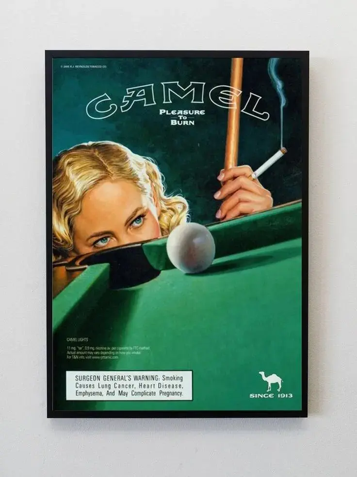Retro Vintage Aesthetic Camel Wall Art Poster Billiards Pool Girl Pleasure to Burn Cigarette Ad Premium Matte Paper Print Indie Dorm Room Man Cave Cool Gift Decor
