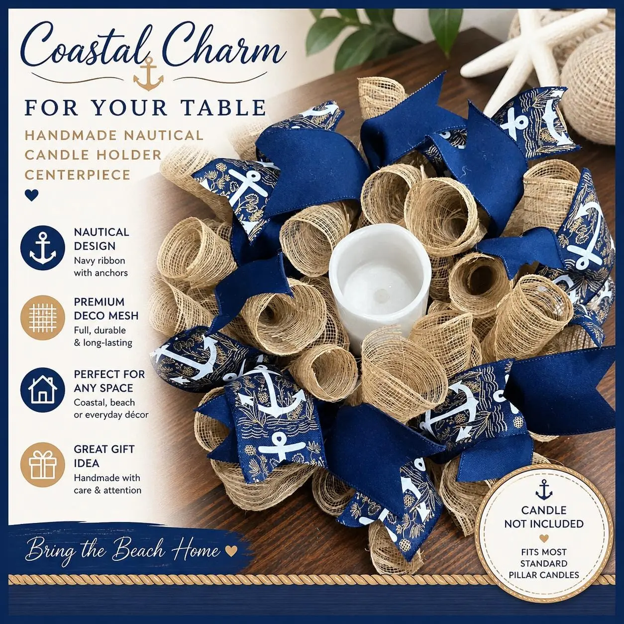 Nautical Deco Mesh Candle Holder Centerpiece | Coastal Table Decor | Navy & Burlap Anchor Design
