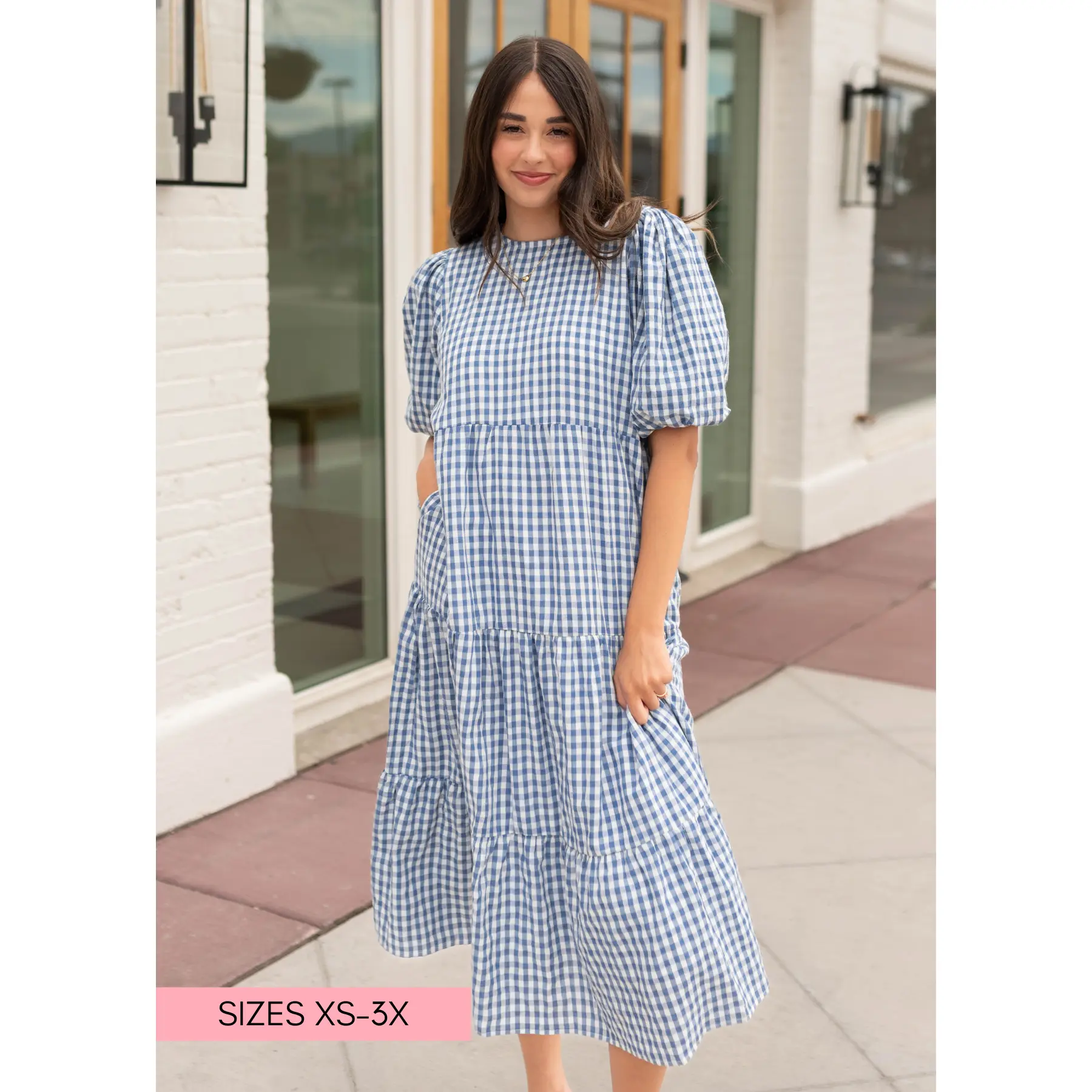Mariah Blue Gingham Tiered Dress