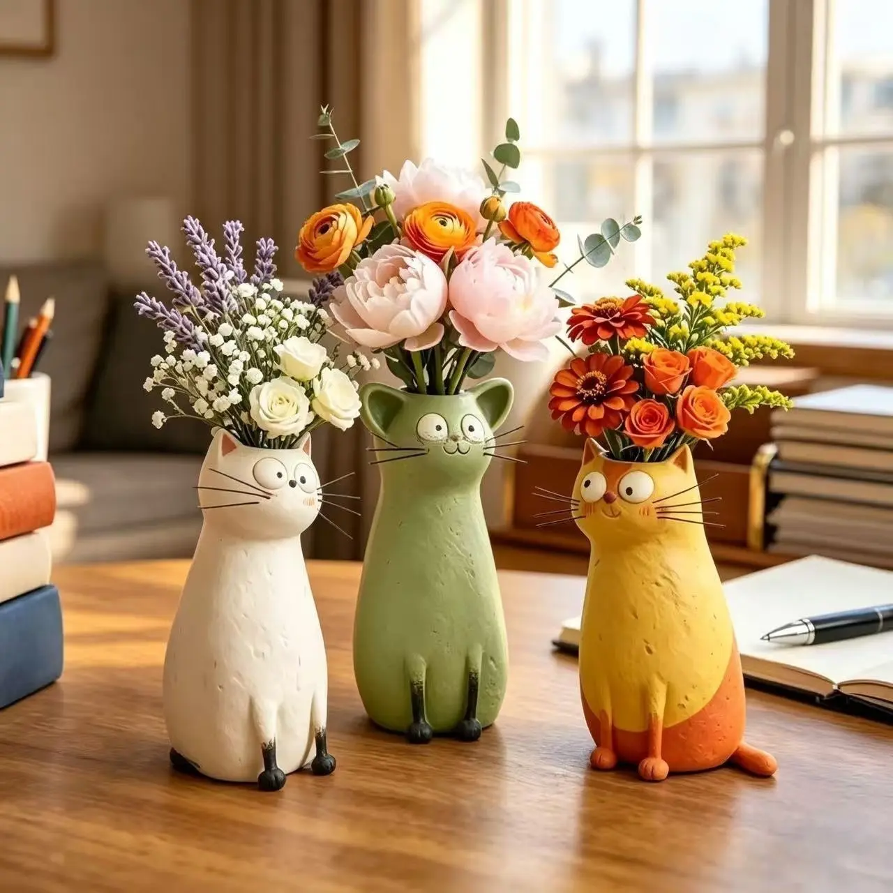 Exquisite and Quirky Little Cat Vase Home Desk Resin Decorative Piece Unique Design for Home Office Settings Lightweight Durable Material whimsical decor swan flower arrangement White