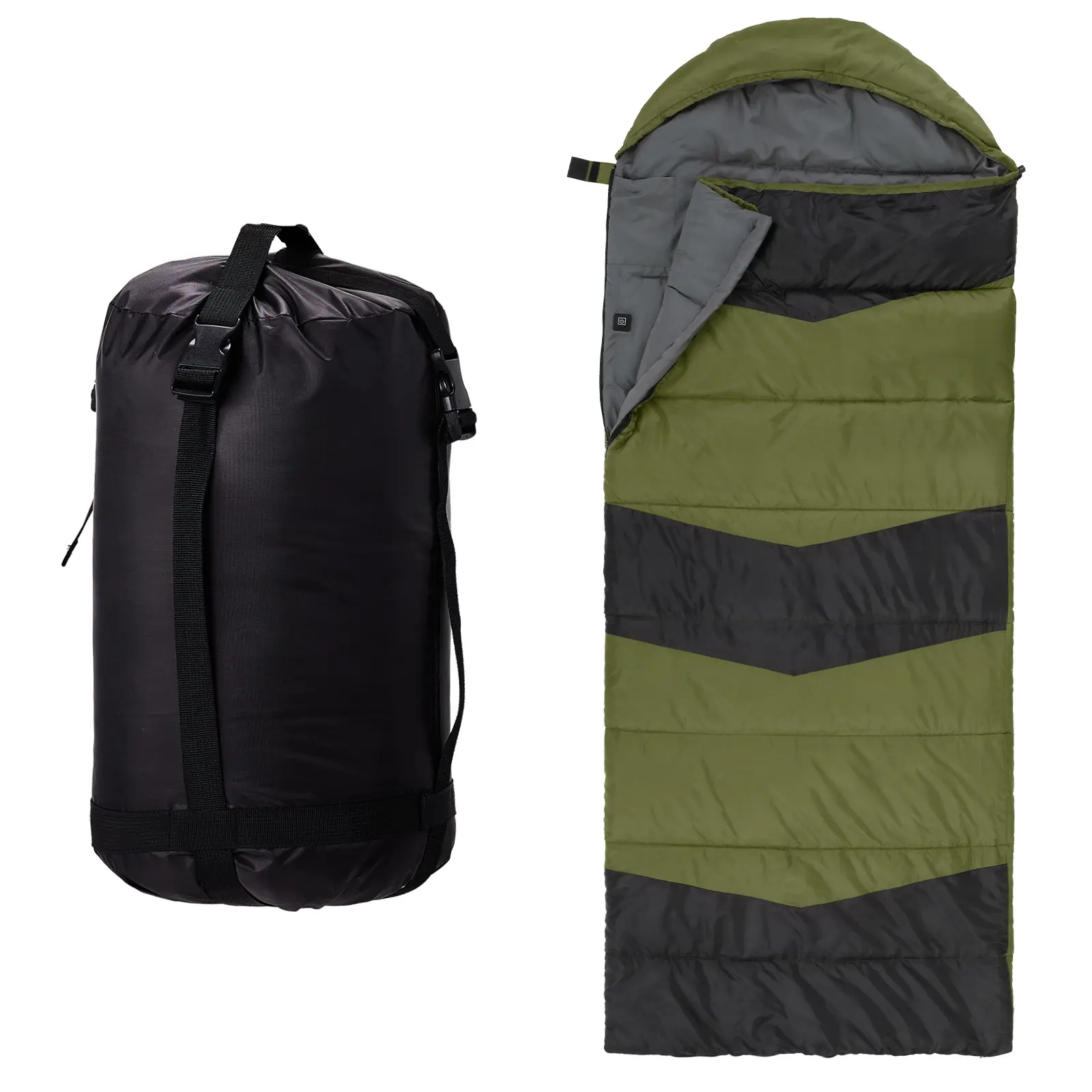 Polyester Envelope-Shape Lightweight Heated Sleeping Bag (3.3 lbs), USB-Powered Waterproof Rectangular Bag with 4 Heating Zones for Camping Trip, Backpacking, Green