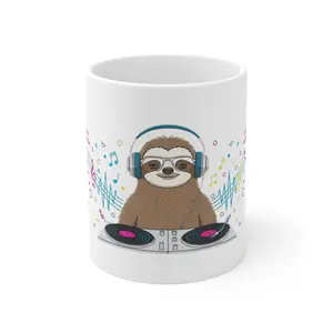 Sloth DJ Graphic Mug Chill Beats & Slow Jams Funny Animal Music Lover Gift Reusable Ceramic Coffee Cup Washable Tumbler
