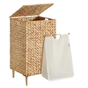 SONGMICS Handwoven Water Hyacinth Wicker Laundry Basket with Lid, Natural Material, Removable Machine Washable Liner, Laundry Hamper