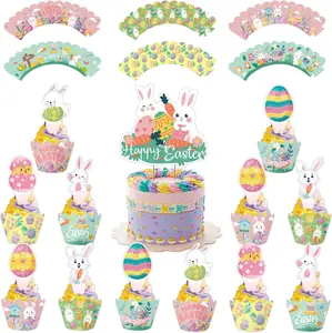 Happy Easter Cupcake Decorations Bunny Cupcake Topper Easter Cake Topper Wrapper for Spring Themed Baby Shower Kids Birthday Cupcake Decorations Party