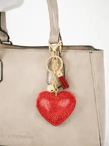 New Rhinestone Wool Alloy Keychain, Heart and Fringe Design, Creative Car Key Holder, Gift for Best Friend, Cute Cartoon Pattern