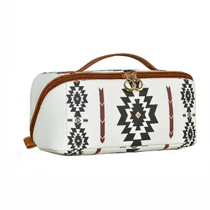Women's Waterproof Boho Tribal Makeup Bag Geometric Print Structured Cosmetic Organizer Portable Handheld Storage Pouch for Skincare Travel Daily Use