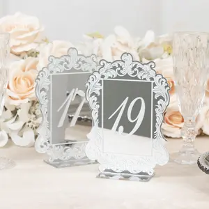 Wedding Table Numbers 11-20 – Silver Mirror Arch Acrylic with Baroque Lace Border, White Print & Stands for Elegant Receptions - 5"x7"