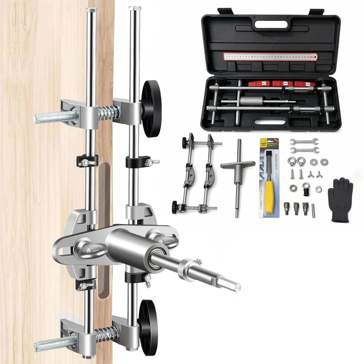 Door Lock Mortising Jig Kit with Adjustable Rails, Anti-Slip Mat, 18mm/22mm/25mm Cutters for Lock Grooves on Wooden Doors, Hand Tool for DIY Enthusiasts & Professional Installers