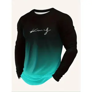 Black & Green Gradient Letter Print T-shirt Men's Stylish Versatile Casual Lon