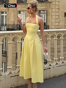 Women‘s Solid Color A-line Pleated Halter Dress, Elegant Romantic Dress, Plain Sleeveless Backless Ruched Slim Fit Midi Dress, Party Club Date Holiday Daily Casual Slip Dresses For Ladies Summer Fashion Clothes Wear