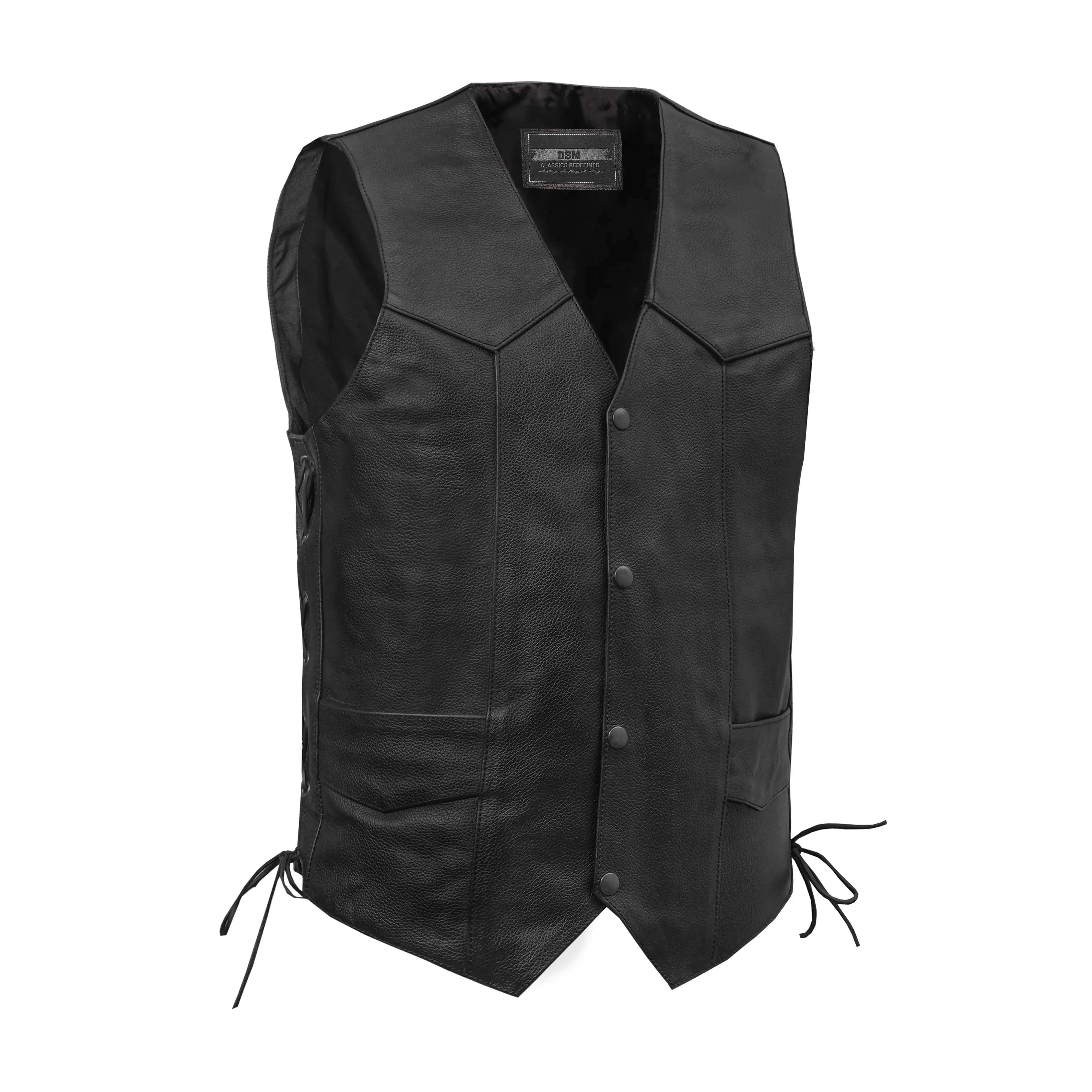 DANIEL SMART Ryder Rugged Style Leather Motorcycle Vest - 0.9-1.1MM Soft Milled Cowhide, V-Neck, Side Laces, 4 Antique Black Snaps, Reinforced Shoulder Support, Protective Biker Vest