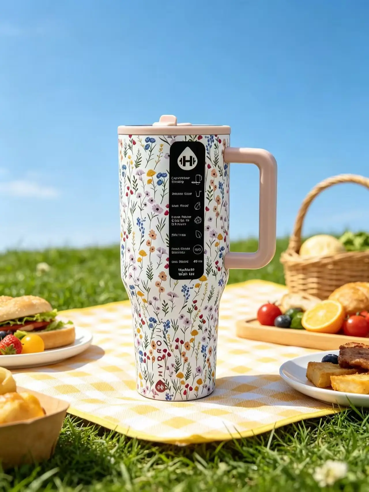 HydroJug 40oz Floral Traveler Tumbler with Handle & Straw Lid – Vacuum Insulated Stainless Steel Cup for Car, Office, Picnic & On-the-Go Hydration Bottle Water Bottles Drinkware Mug Portable Bottle