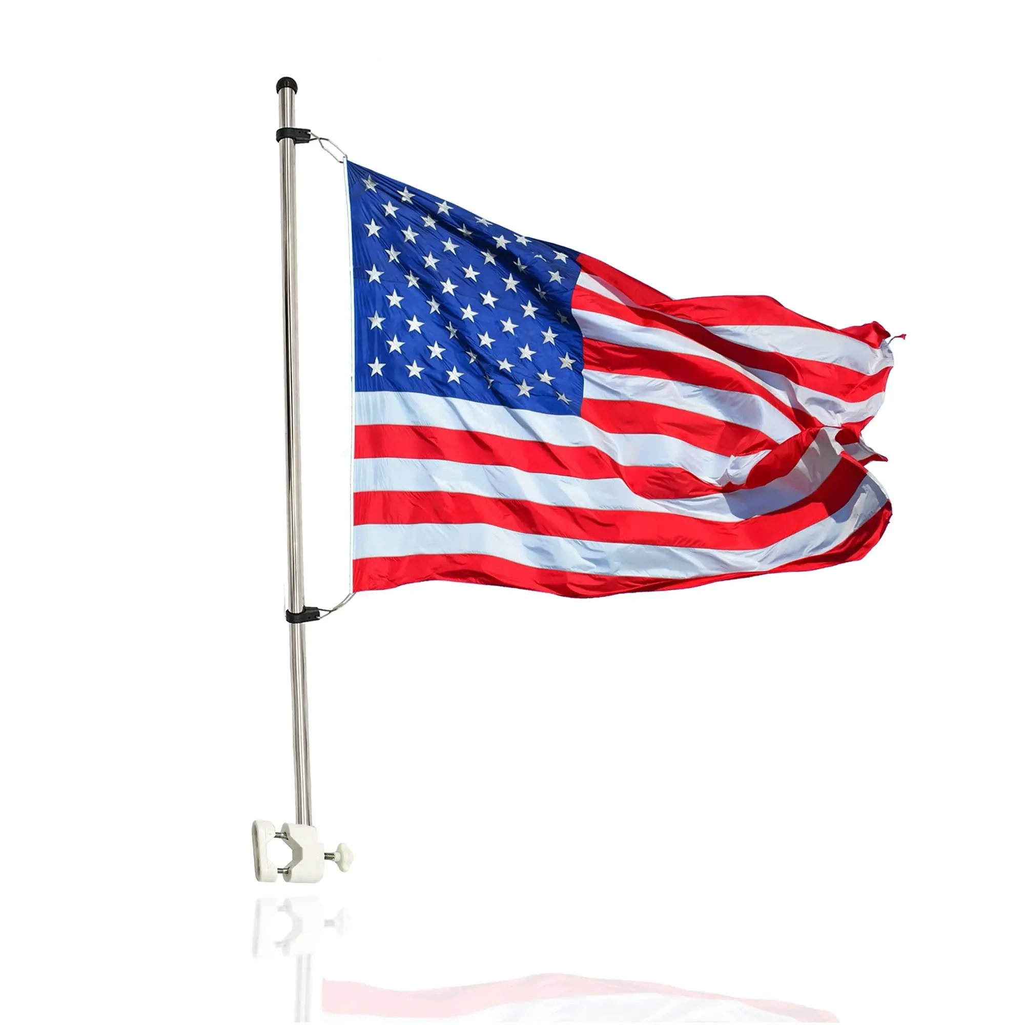 MARINE CITY Rail Mounted Flag Staff 304 Stainless Steel Bright Polished White Plastic Base UV Resistant Includes 12 x 18 Inch US Flag for Boats Yachts