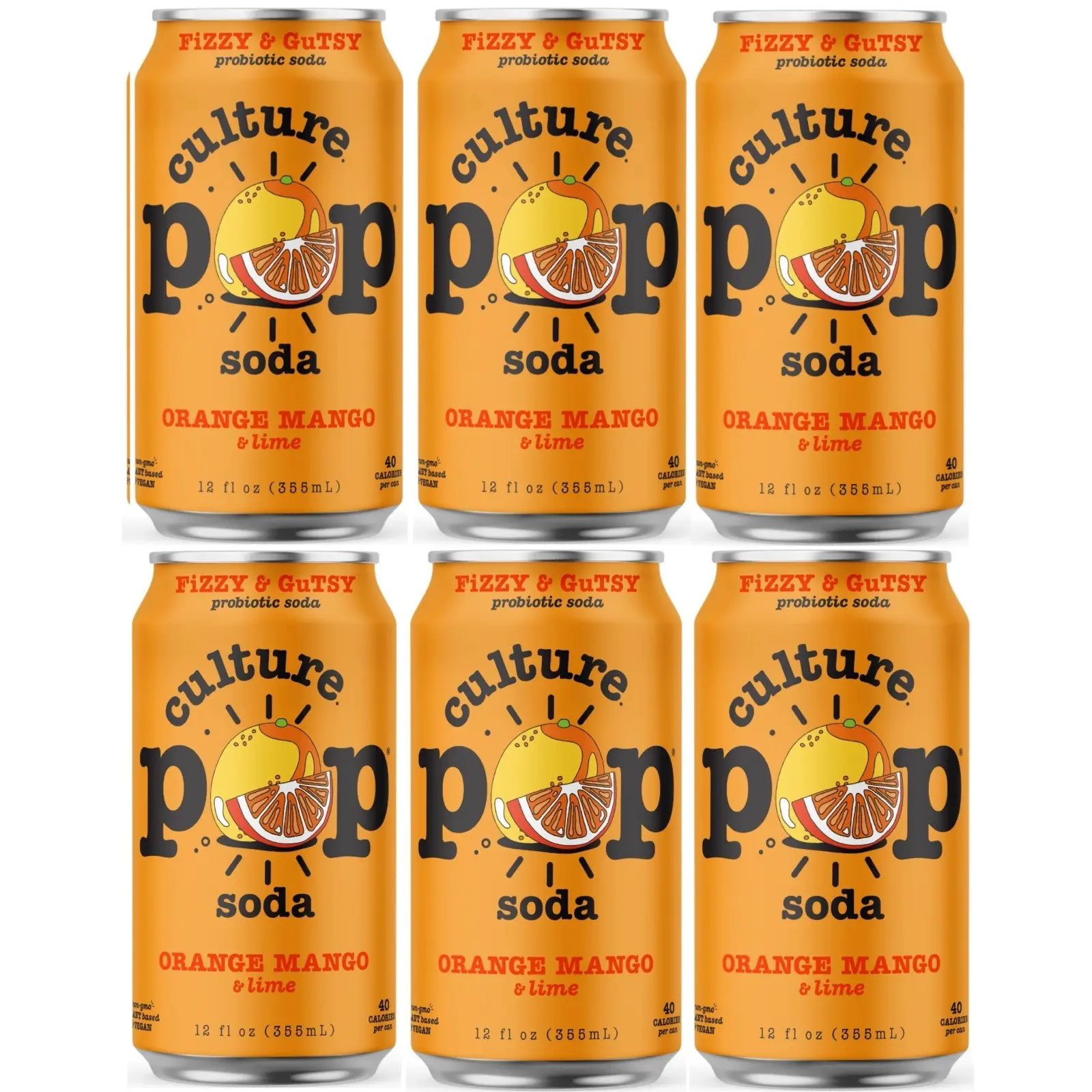 Culture Pop Soda Sparkling Probiotic Drink, Orange Mango & Lime, 12oz, 6 cans