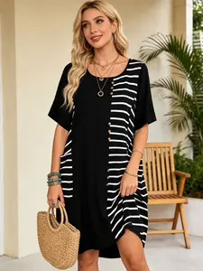 Women's Casual Striped Patchwork T-Shirt Dress with Pockets, Loose Fit Summer Beach Dress, Comfortable and Stylish, Casual Fashion Dress