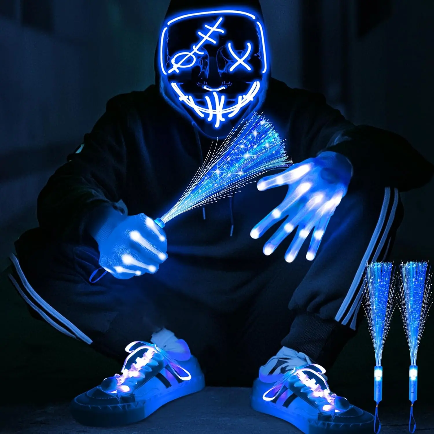 Adult Lighted Halloween Party Accessories Set (4 Pieces) - Plastic LED Mask, Light-Up Gloves, Glow Shoelaces, Glow Fiber Optic Wands for Adult Costume Cosplay (Blue)
