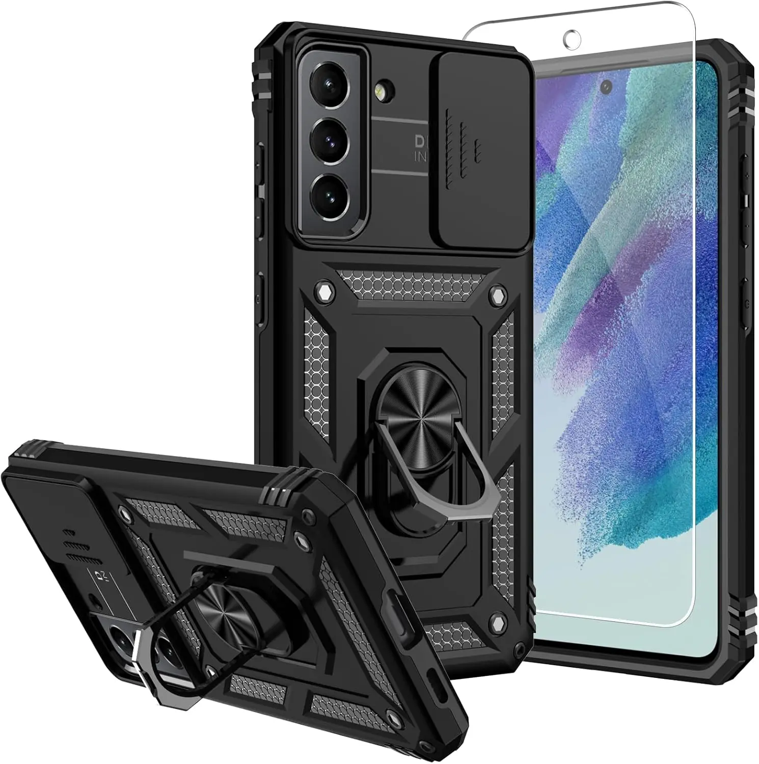 for Galaxy S21 FE 5G Case,with Screen Protectors and Camera Cover,[Military Grade] 16ft.Drop Tested Cover with Magnetic Kickstand Protective Case for Samsung S21 FE (Z-Black)