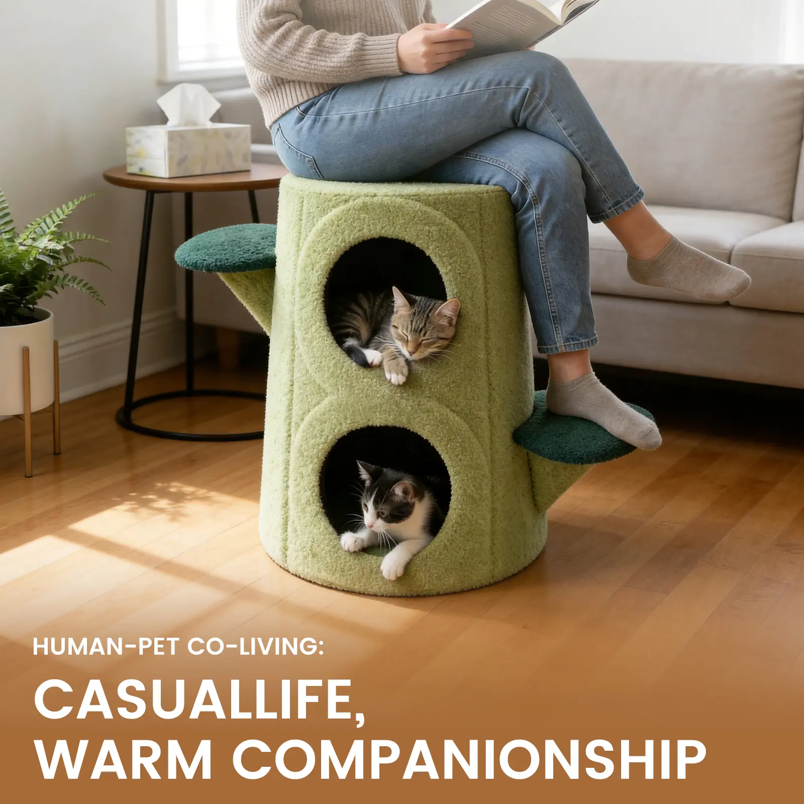 Multi-functional Cat Tree Stump Bed House - Durable Pet Furniture, Space-saving Cat Hideaway Condo, Coffee Table Ottoman Bed Built Kennel
