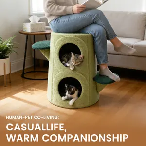 Multi-functional Cat Tree Stump Bed House - Durable Pet Furniture, Space-saving Cat Hideaway Condo, Coffee Table Ottoman Bed Built Kennel