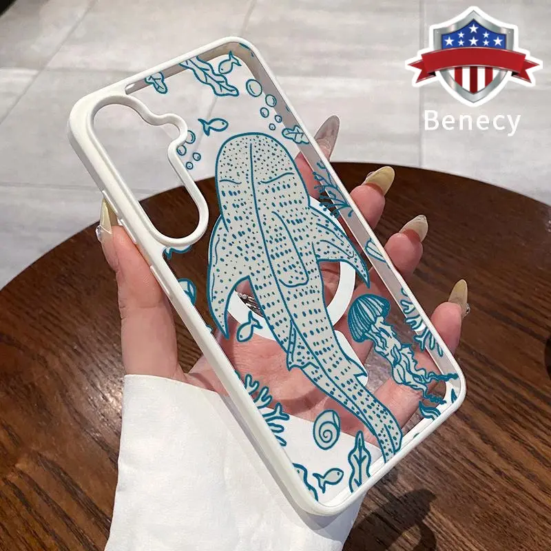 Magnetic Smartphone Case - Magsafe Compatible Casing for Galaxy S22+ S23 Ultra S24 Plus FE S25 S26 Edge, Vintage Whale Pattern, Non-Yellowing, Anti-Drop Shockproof Soft Silicone, Transparent Acrylic, Wireless Charging Support