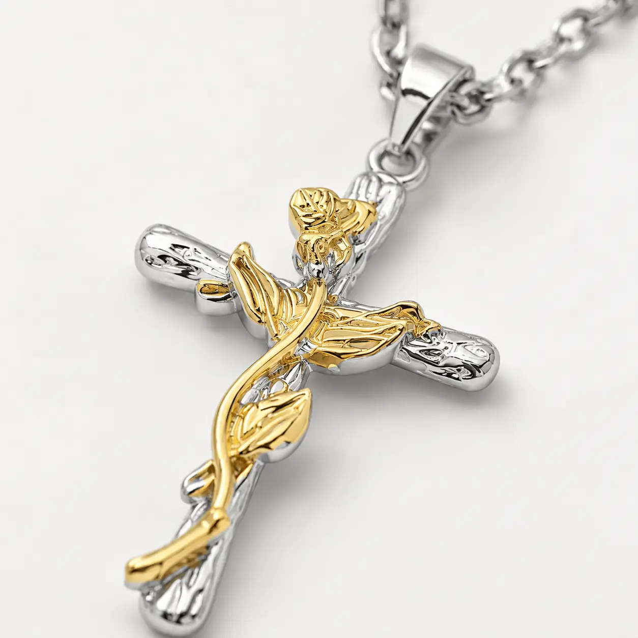 2-Tone Crucifix Cross Necklace, Silver Alloy Chain with Gold Jesus Pendant, Christian Faith Jewelry for Men & Women, Religious Gift