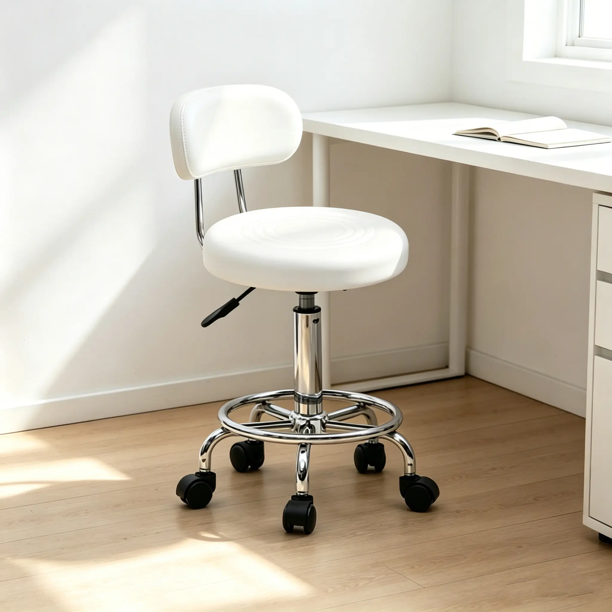 Round Height Adjustable 360 Degree Swivel Salon Stool with Low-Profile Backrest, Minimal Line Detailing Stain-Resistant White Seat, Stable Frame for Photo Studio, Dental Office, Jewelry Workbench and Home Craft Desk Use