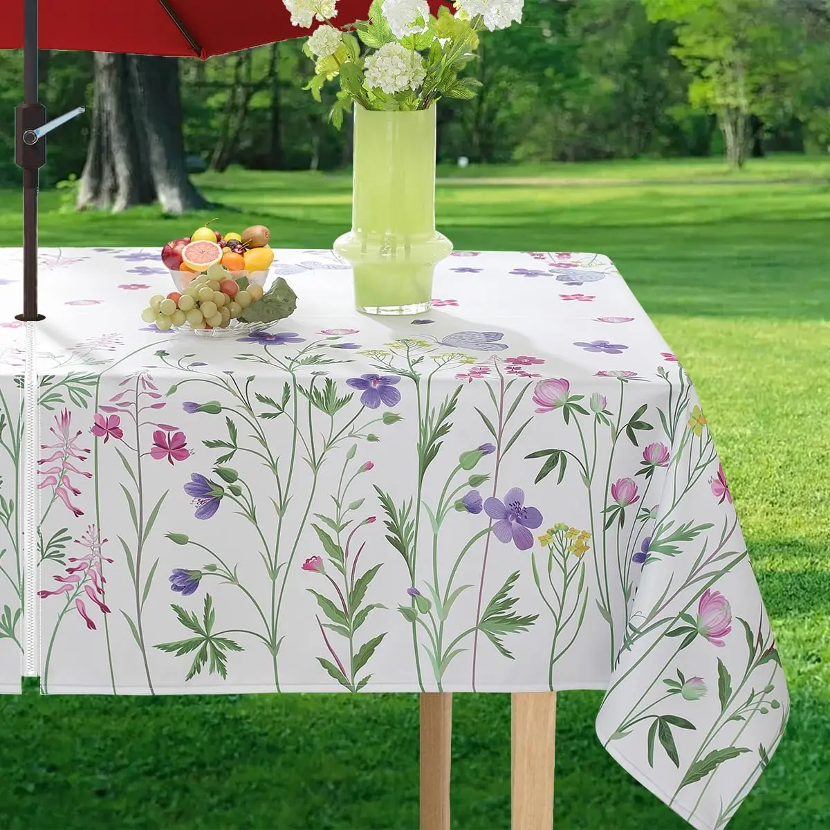 Spring Summer Outdoor Tablecloth with Umbrella Hole Rectangle Wild Flowers Plants Floral Zippered Table Cloth, Spill Proof Fabric Table Cover for Dining, Party, Picnic, Camping, Patio