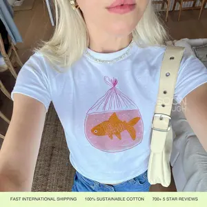 Goldfish Graphic Baby Tee, Retro Y2K Hand-Painted Aesthetic Shirt