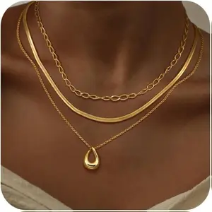 NECOCY Layered Gold Necklaces for Women 3Pcs Dainty 14k Gold/Silver Plated Herringbone Choker Set Trendy Stack Simple Chain Layering Pendant Jewelry Gift Box Included