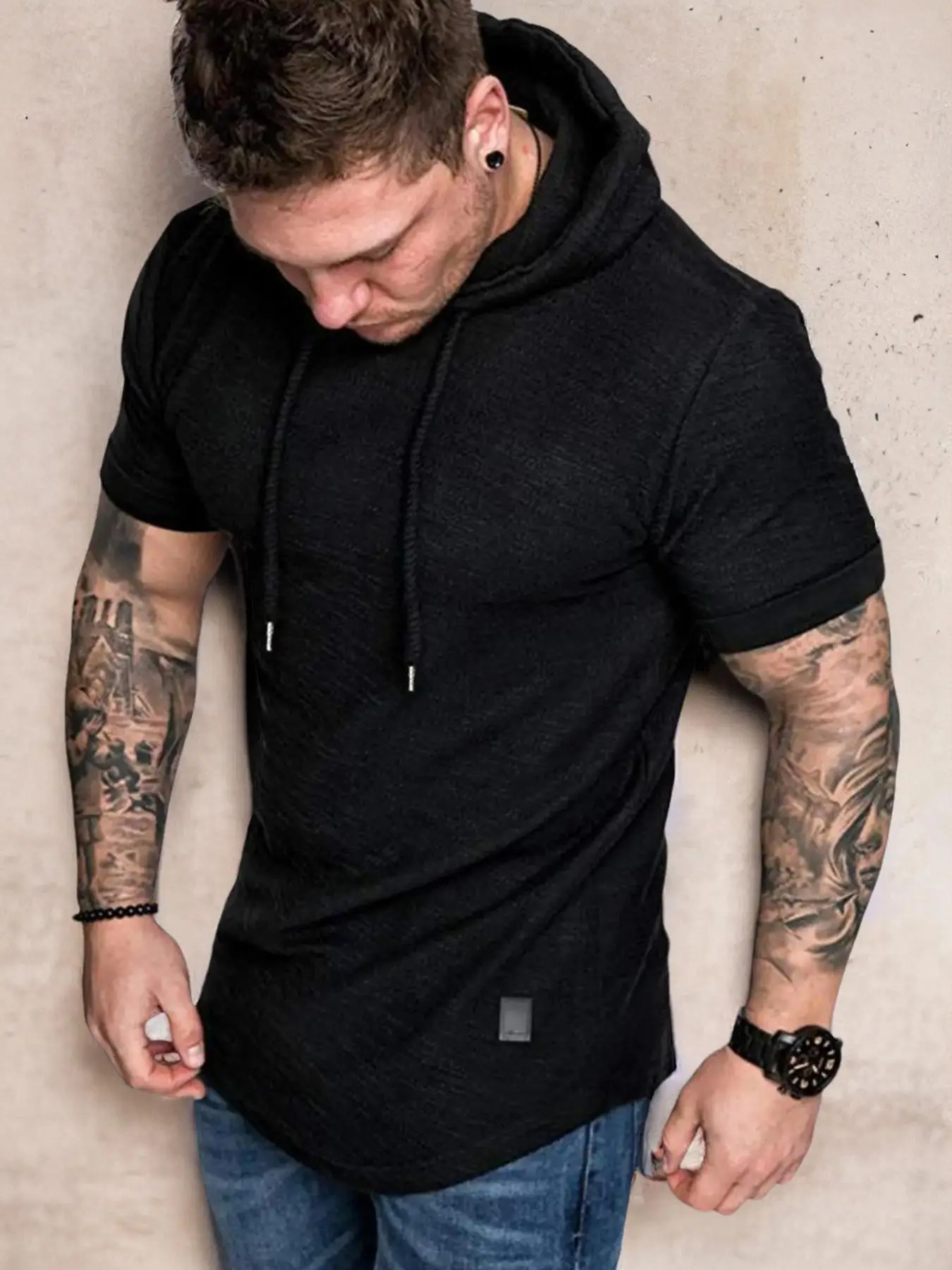 Men's Regular Fit Plain Drawstring Hooded Tee, Summer Clothes, Summer Outfits, Casual Short Sleeve T-shirt for Summer, Streetwear, Men's Top for Daily