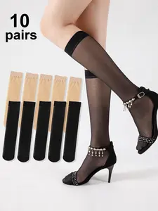 Women's Solid Color Over The Calf Socks, Elegant Comfy Breathable Compression Stockings for Daily Wear, Women's Socks for All Seasons, Casual Stylish Socks