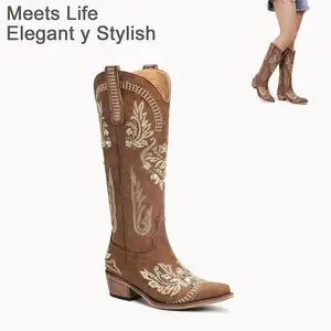 Brown Women's Cowboy Boot-Wide Calf Knee-Length Women Cowboy Boot, Shiny Shiny Rhinestone Western Country Boots, Classic Embroidery, Pointed Zipper Vintage Fashion High Leg Boot